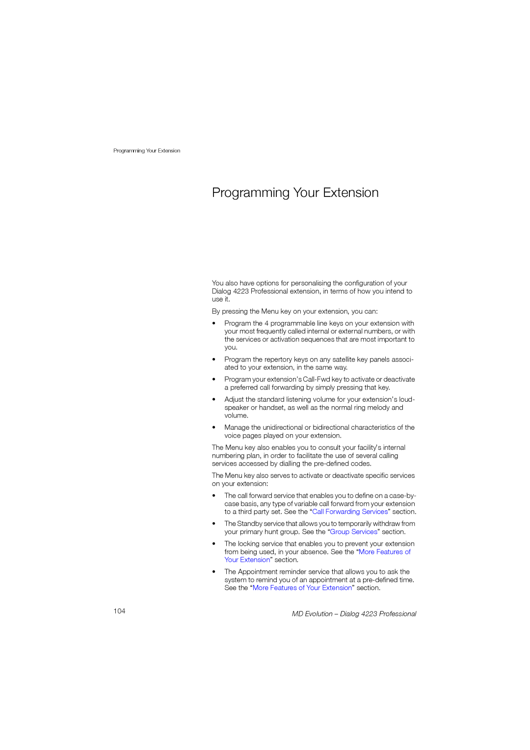 Aastra Telecom 4223 manual Programming Your Extension, 104 