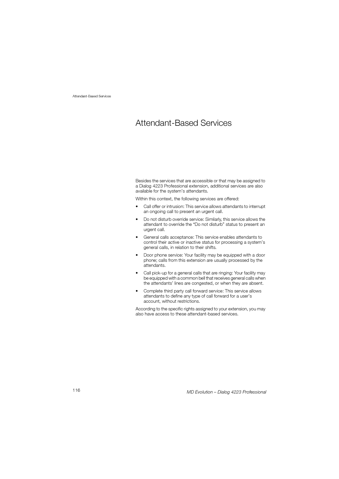 Aastra Telecom 4223 manual Attendant-Based Services, 116 