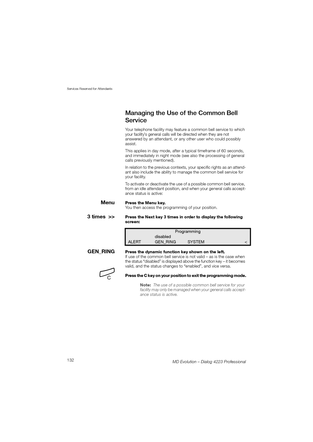 Aastra Telecom 4223 manual Managing the Use of the Common Bell Service, Menu Times, Genring, 132 