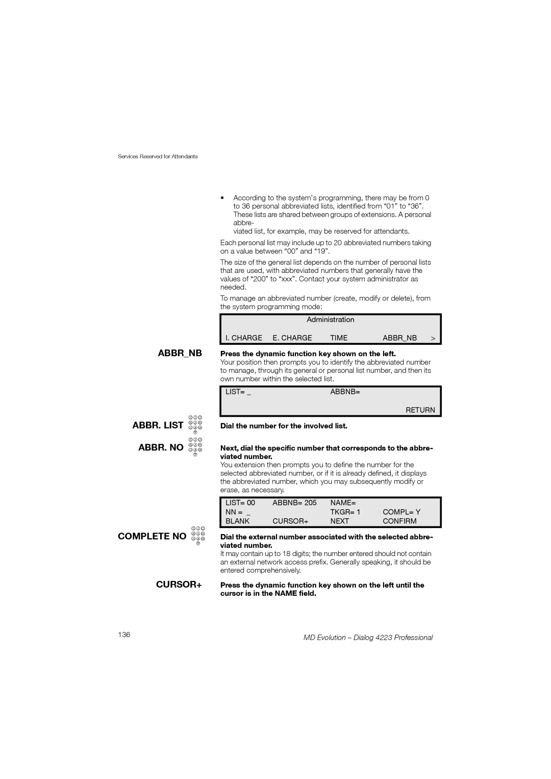 Aastra Telecom 4223 manual Abbrnb, ABBR. List z ABBR. no z Complete no z, Cursor+, 136 