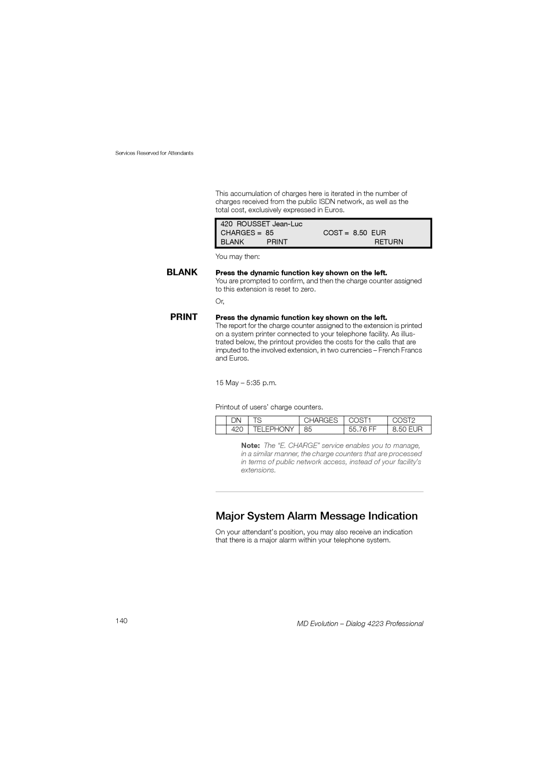 Aastra Telecom 4223 Major System Alarm Message Indication, Blank Press the dynamic function key shown on the left, 140 