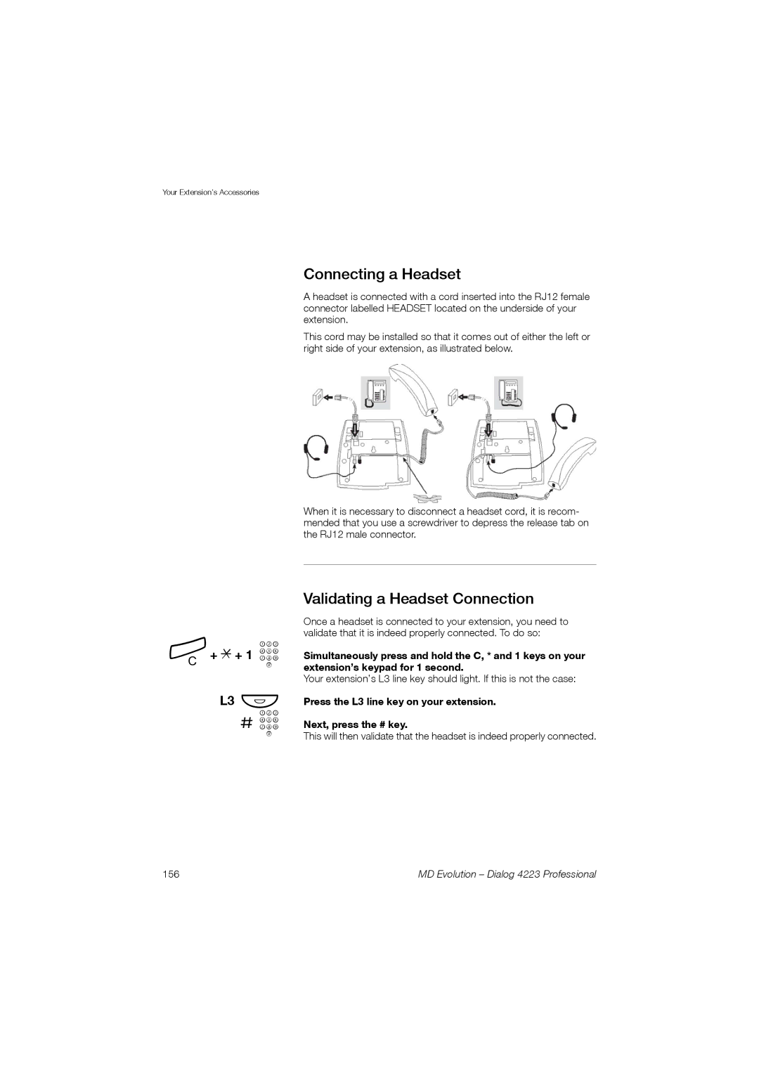 Aastra Telecom 4223 manual Connecting a Headset, Validating a Headset Connection, + *+ 1 z L3 # z, 156 