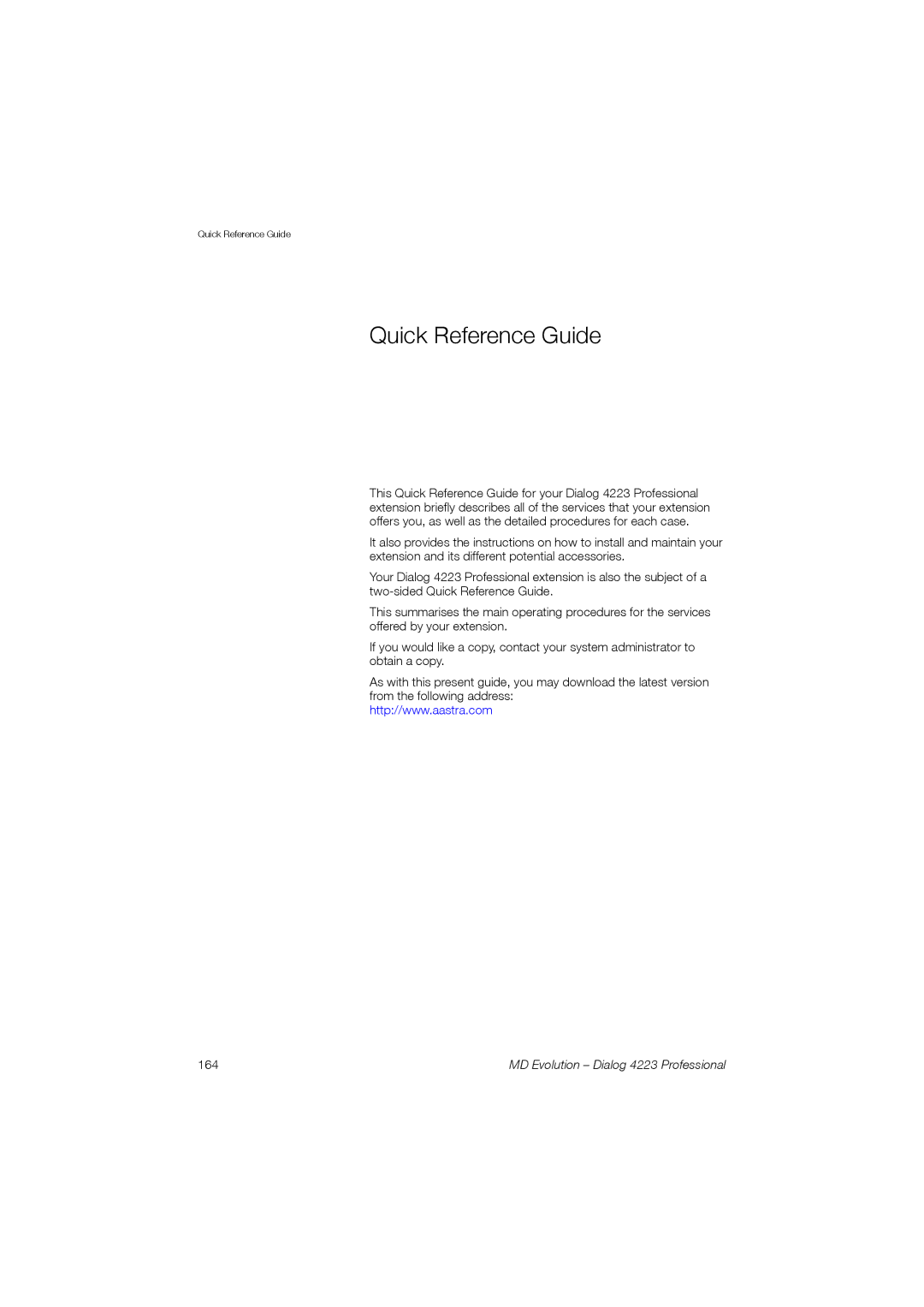 Aastra Telecom 4223 manual Quick Reference Guide, 164 