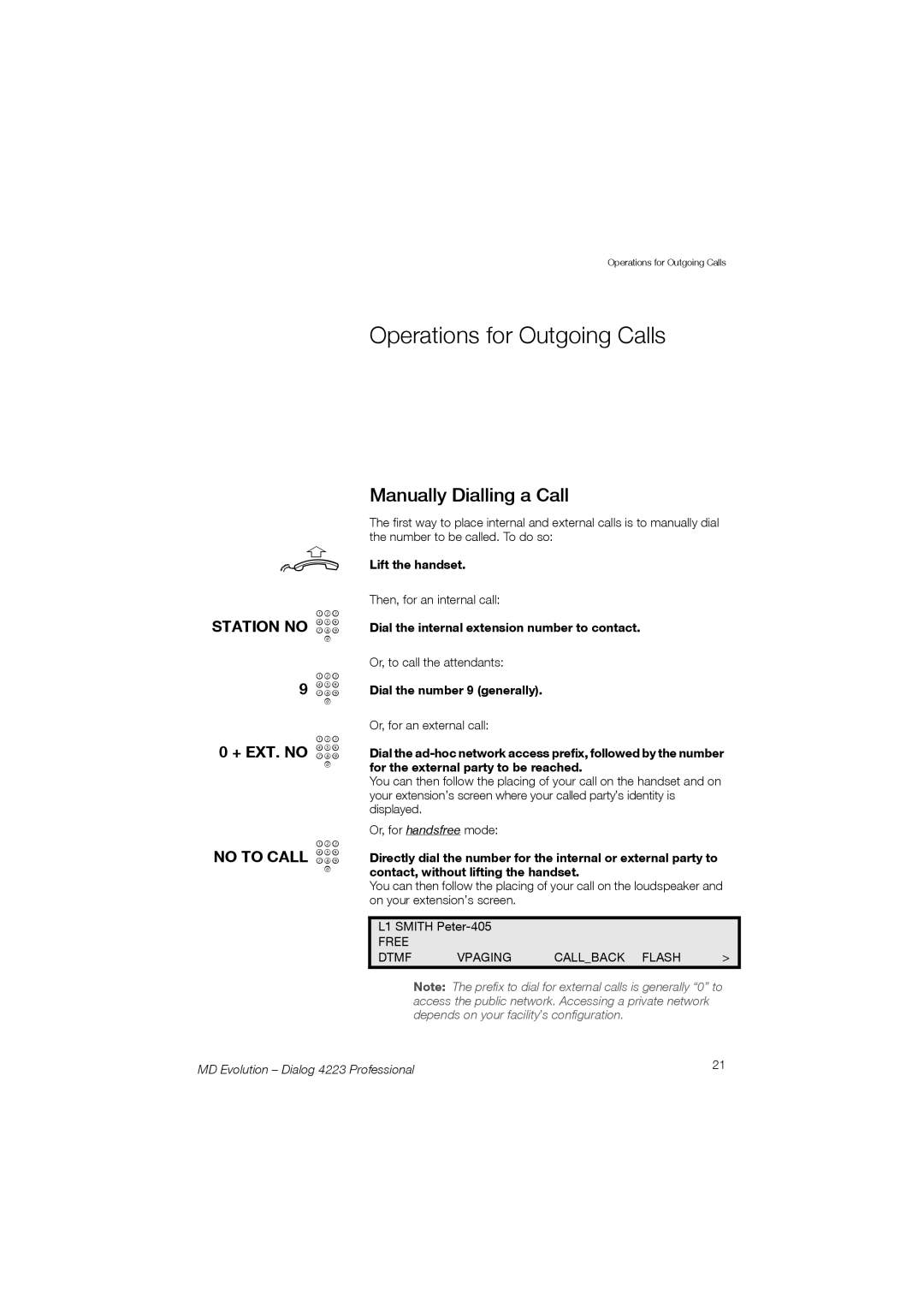 Aastra Telecom 4223 Operations for Outgoing Calls, Manually Dialling a Call, Station no z 9 z + EXT. no z No to Call z 