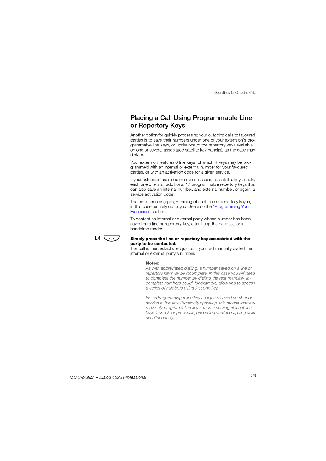 Aastra Telecom 4223 manual Placing a Call Using Programmable Line or Repertory Keys 