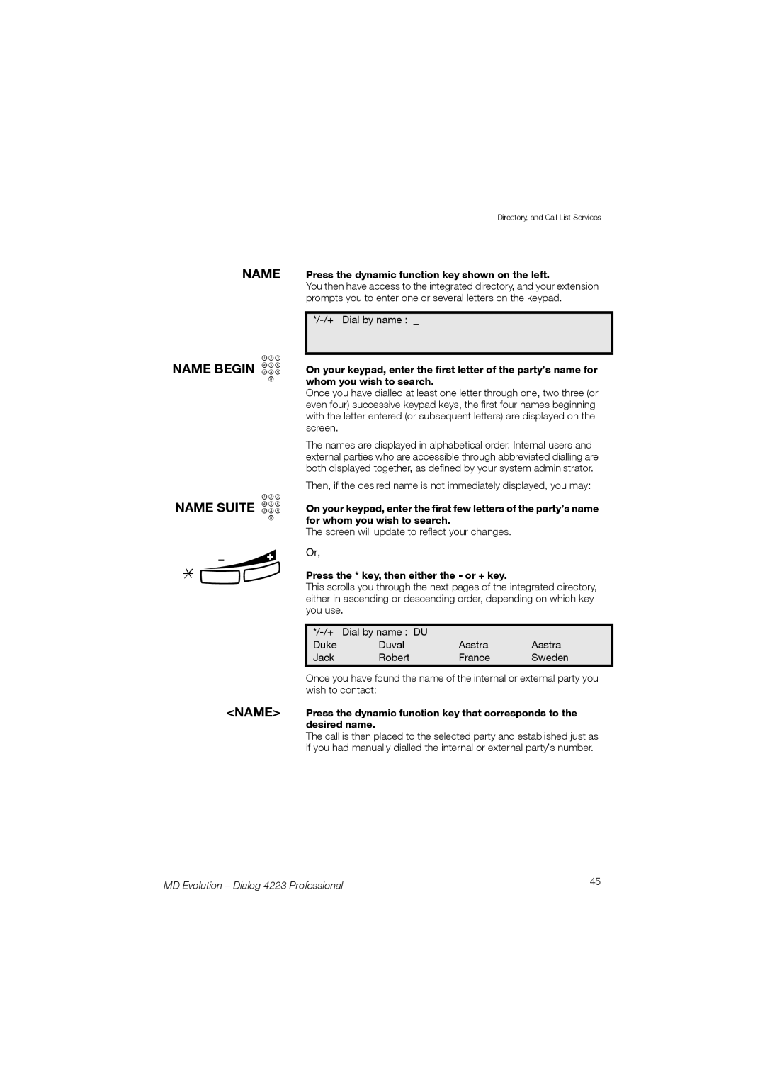 Aastra Telecom 4223 manual Name Begin z Name Suite z, Press the * key, then either the or + key 