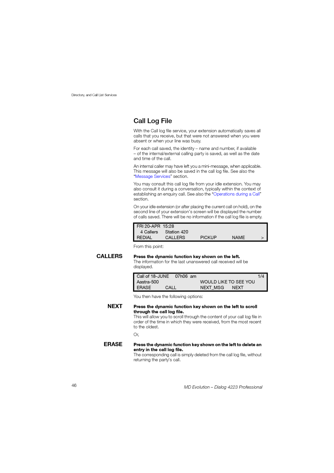 Aastra Telecom 4223 manual Call Log File 