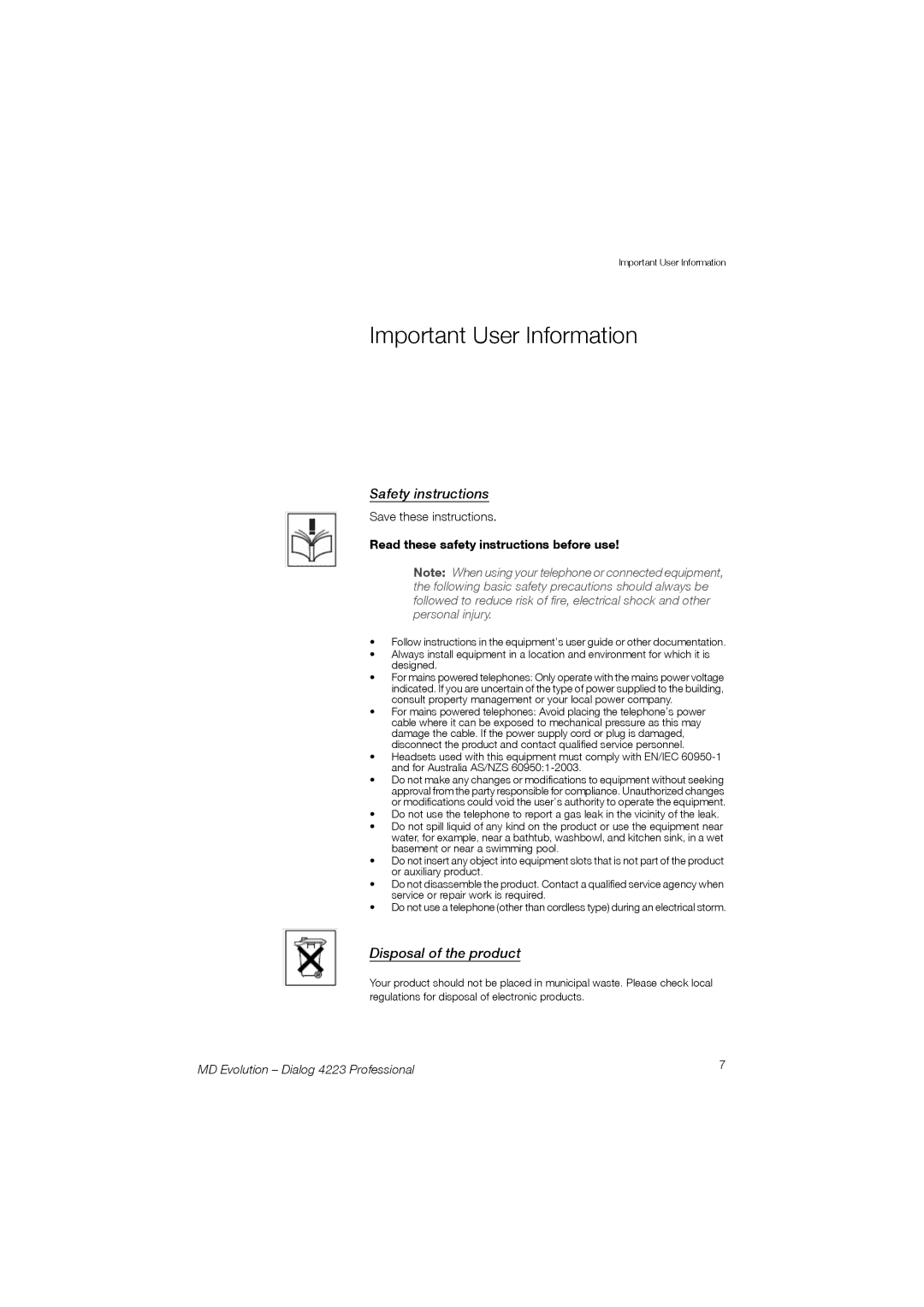 Aastra Telecom 4223 manual Important User Information, Read these safety instructions before use 