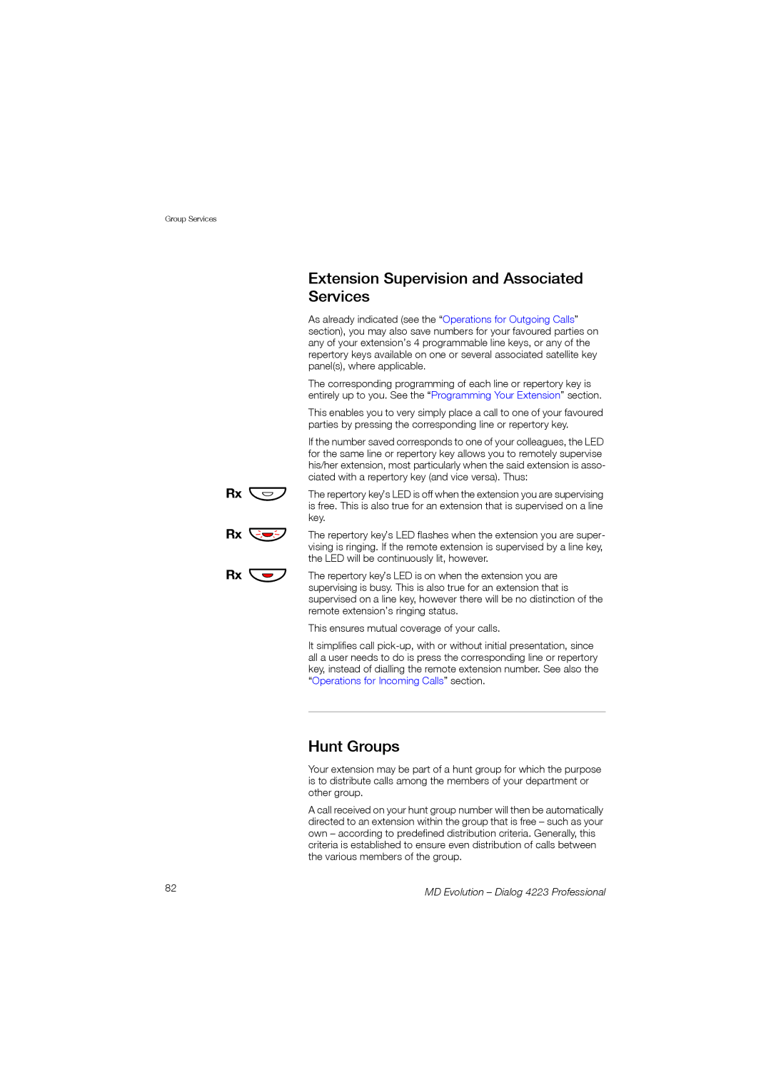 Aastra Telecom 4223 manual Extension Supervision and Associated Services, Hunt Groups, Rx Ô Rx ÖÔ Rx ÕÔ 