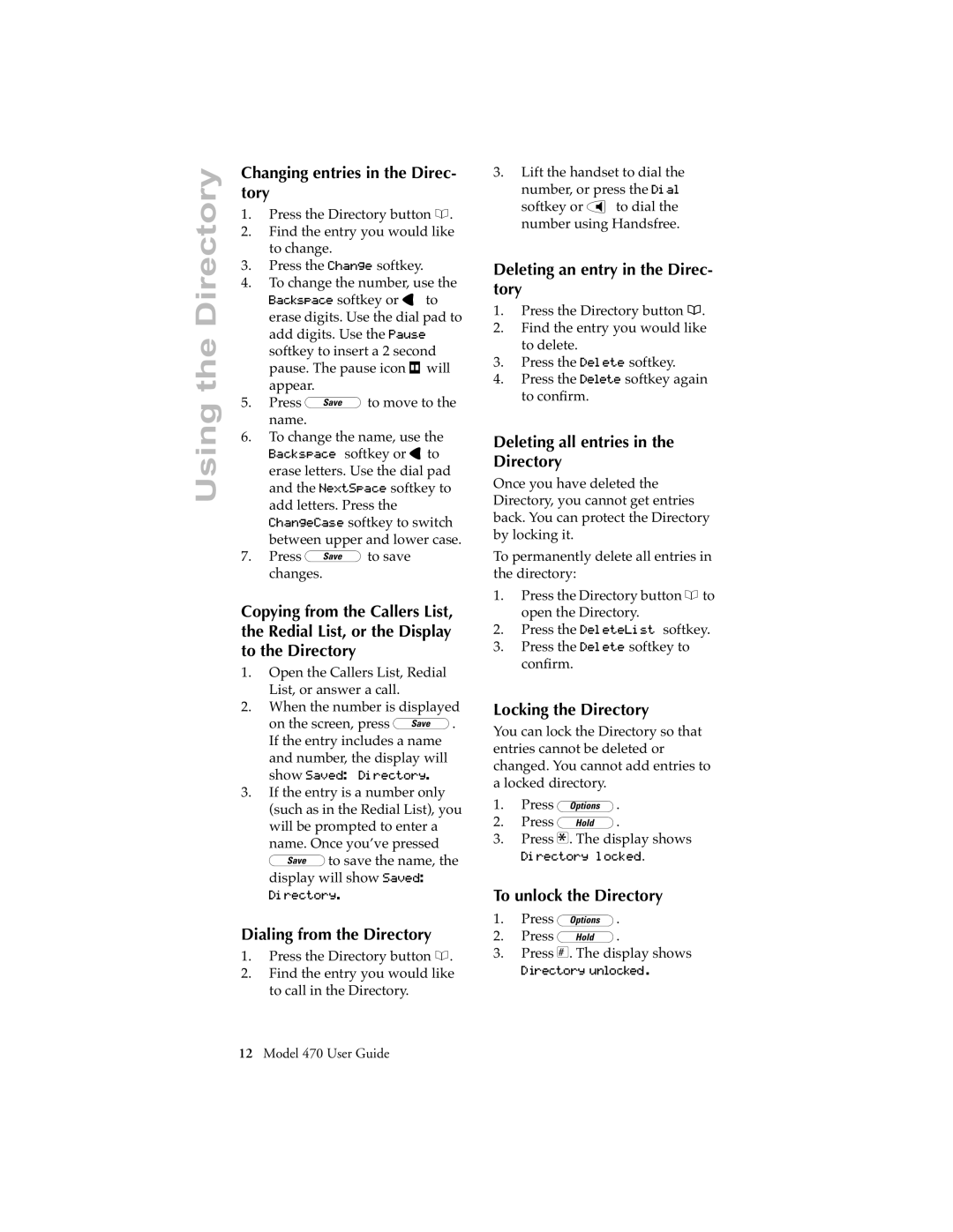 Aastra Telecom 470 Changing entries in the Direc- tory, Dialing from the Directory, Deleting an entry in the Direc- tory 