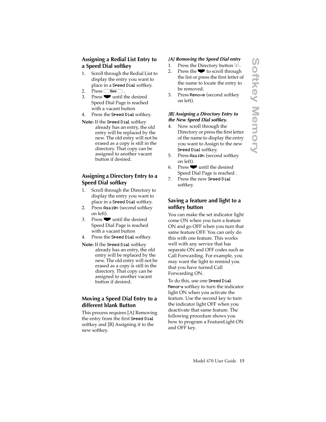 Aastra Telecom 470 Assigning a Directory Entry to a Speed Dial softkey, Saving a feature and light to a softkey button 
