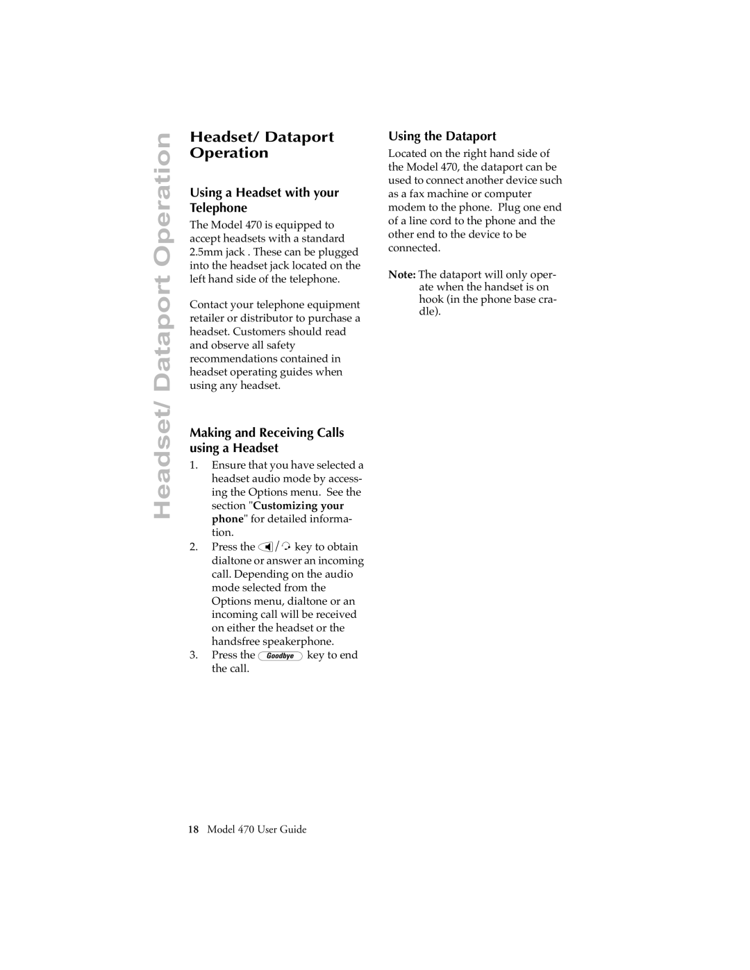 Aastra Telecom 470 manual Headset/ Dataport Operation, Using a Headset with your Telephone, Using the Dataport 