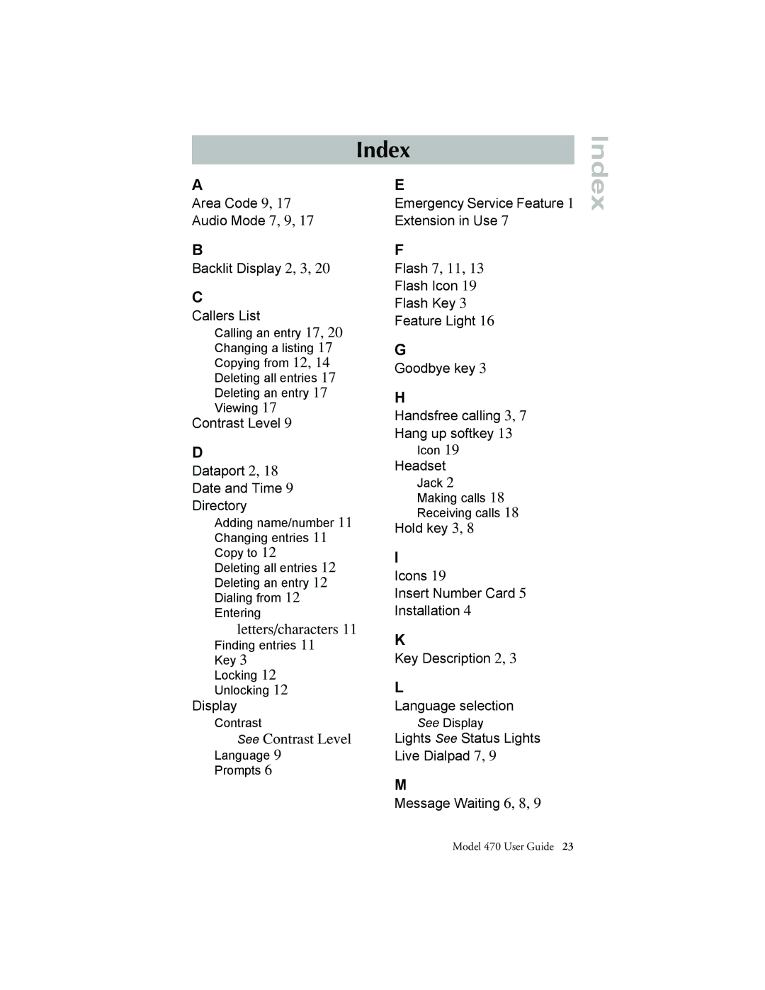 Aastra Telecom 470 manual Index 