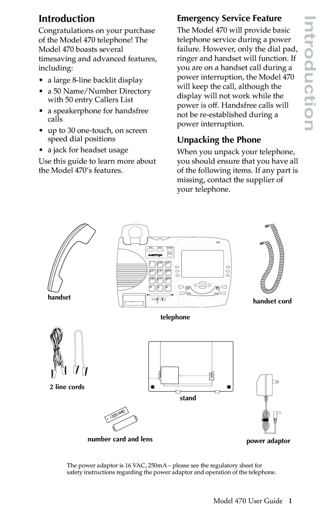 Aastra Telecom 470 manual Introduction, Emergency Service Feature, Unpacking the Phone 