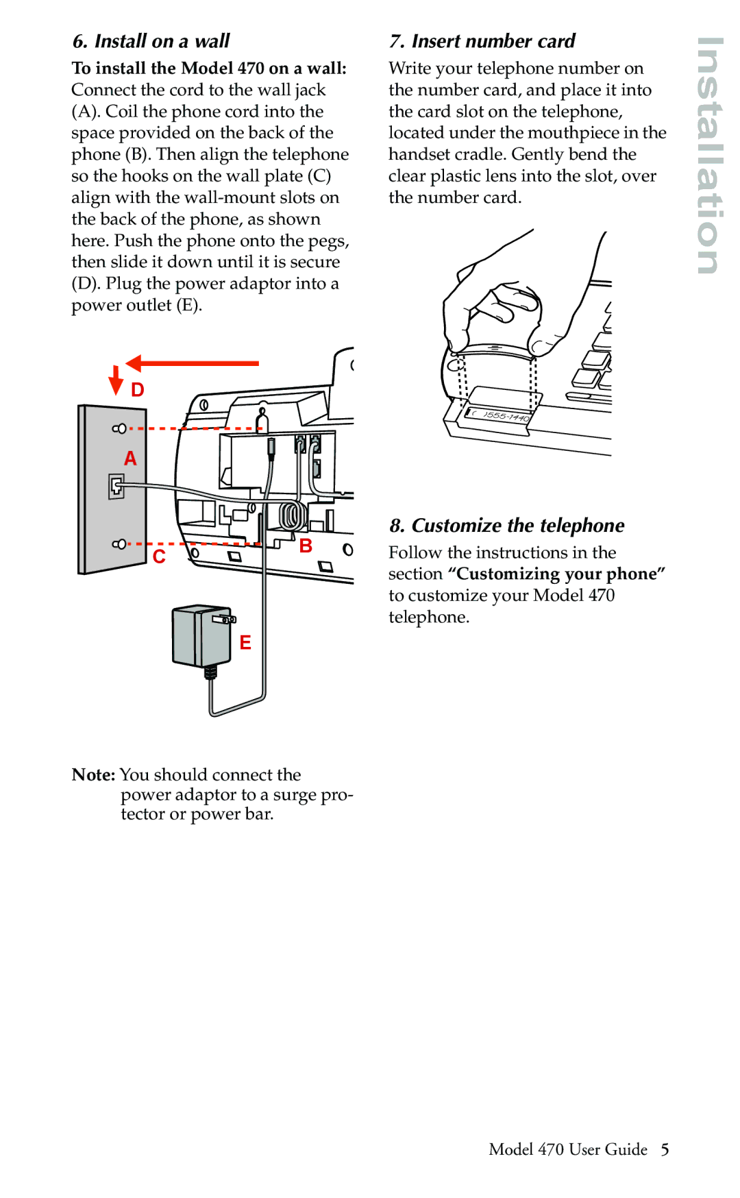 Aastra Telecom 470 manual Install on a wall, Insert number card, Customize the telephone 