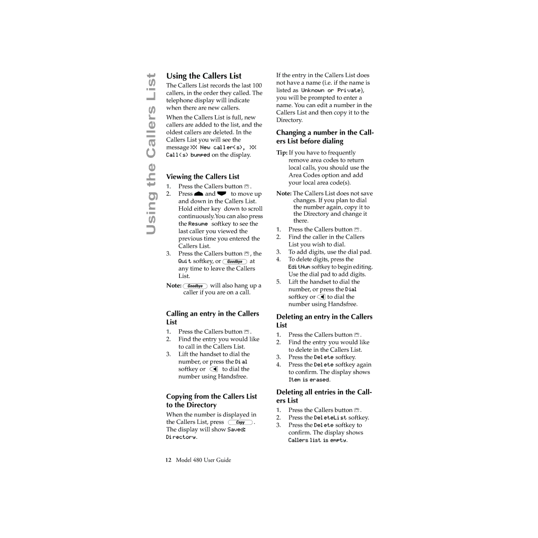 Aastra Telecom 480 manual Using the Callers List 