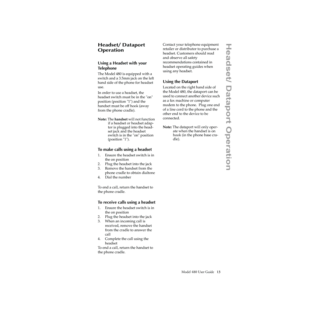 Aastra Telecom 480 manual Headset/ Dataport Operation, Using a Headset with your Telephone, To make calls using a headset 