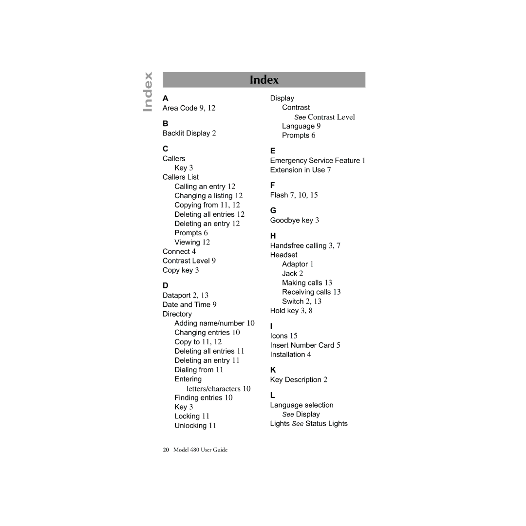 Aastra Telecom 480 manual Index 