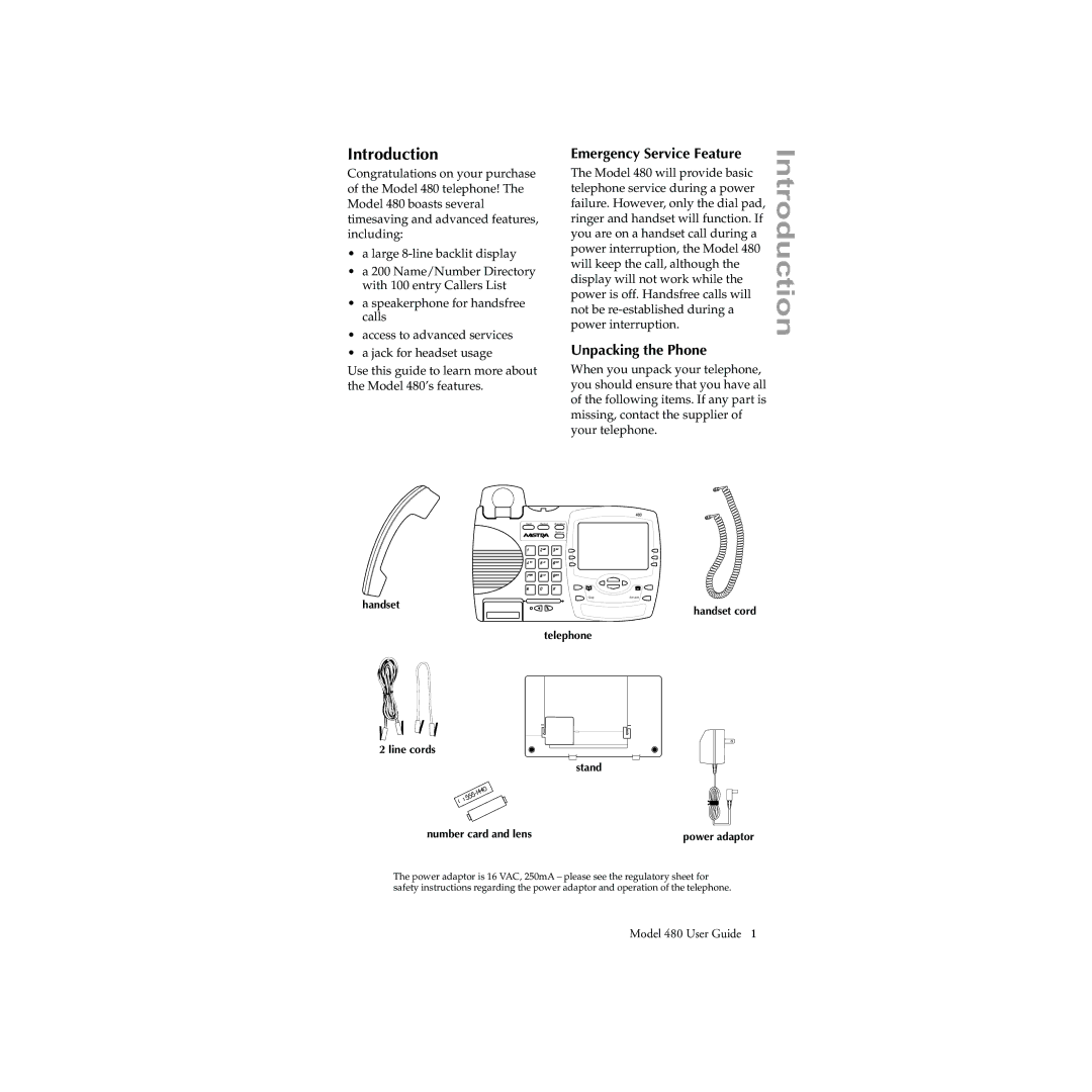 Aastra Telecom 480 manual Introduction, Emergency Service Feature, Unpacking the Phone 