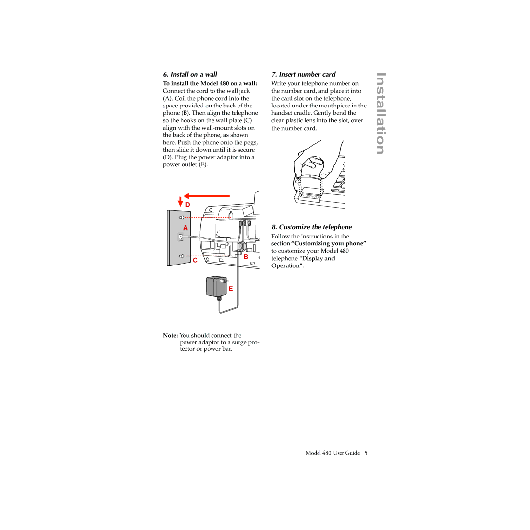 Aastra Telecom 480 manual Installation, Install on a wall, Insert number card, Customize the telephone 