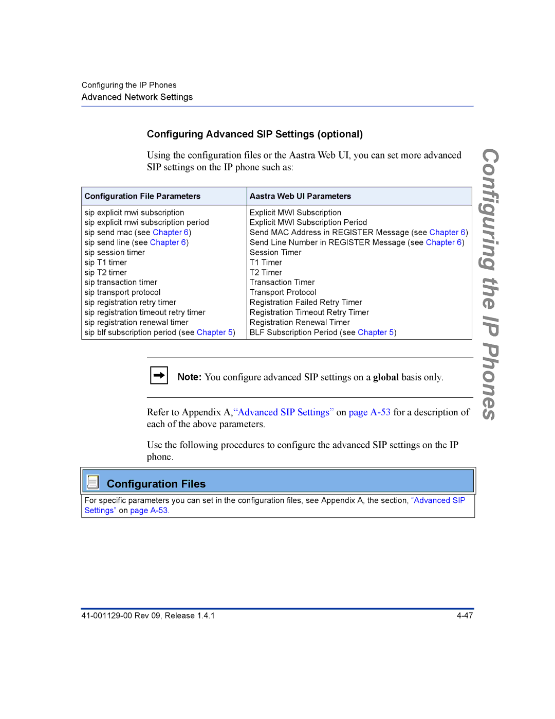 Aastra Telecom 480I Configuring Advanced SIP Settings optional, Configuration File Parameters Aastra Web UI Parameters 