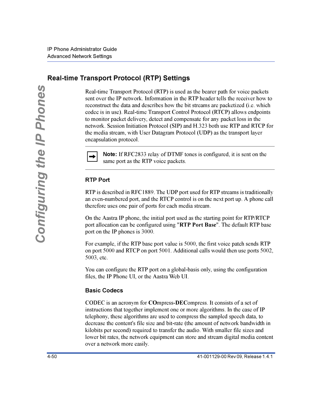 Aastra Telecom 480I CT manual Real-time Transport Protocol RTP Settings, RTP Port, Basic Codecs 