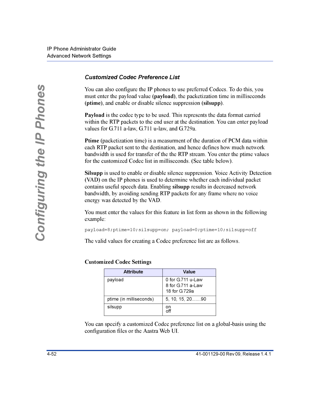 Aastra Telecom 480I CT manual Customized Codec Preference List, Customized Codec Settings, Attribute Value 