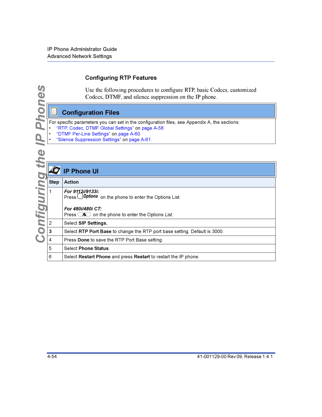 Aastra Telecom 480I CT manual Configuring RTP Features, Step Action 