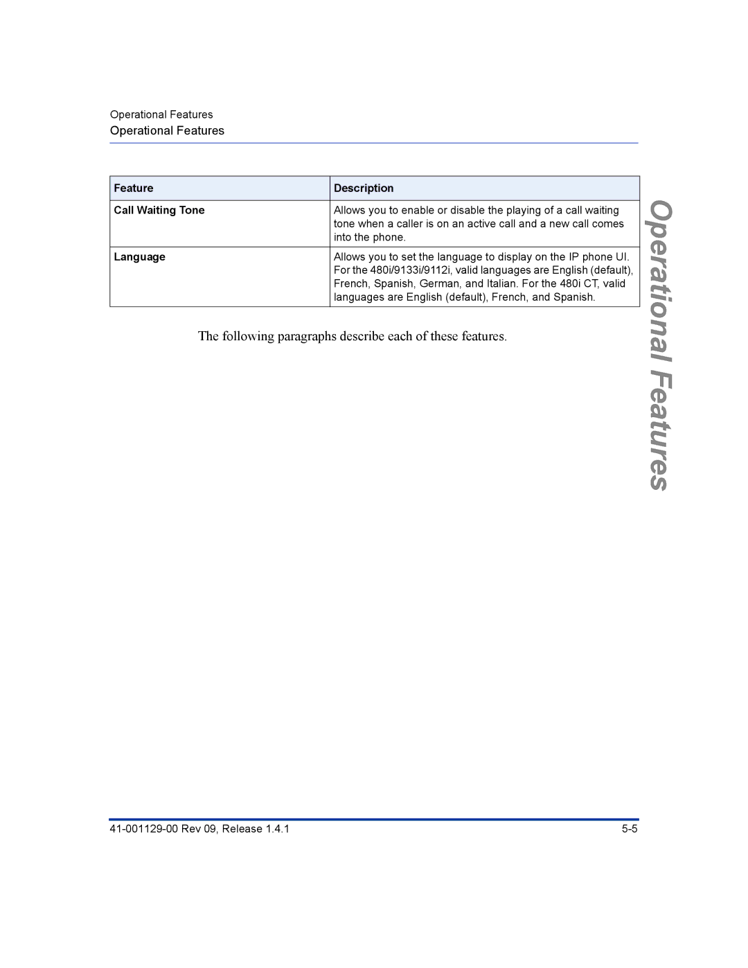 Aastra Telecom 480I CT manual Feature Description Call Waiting Tone, Language 