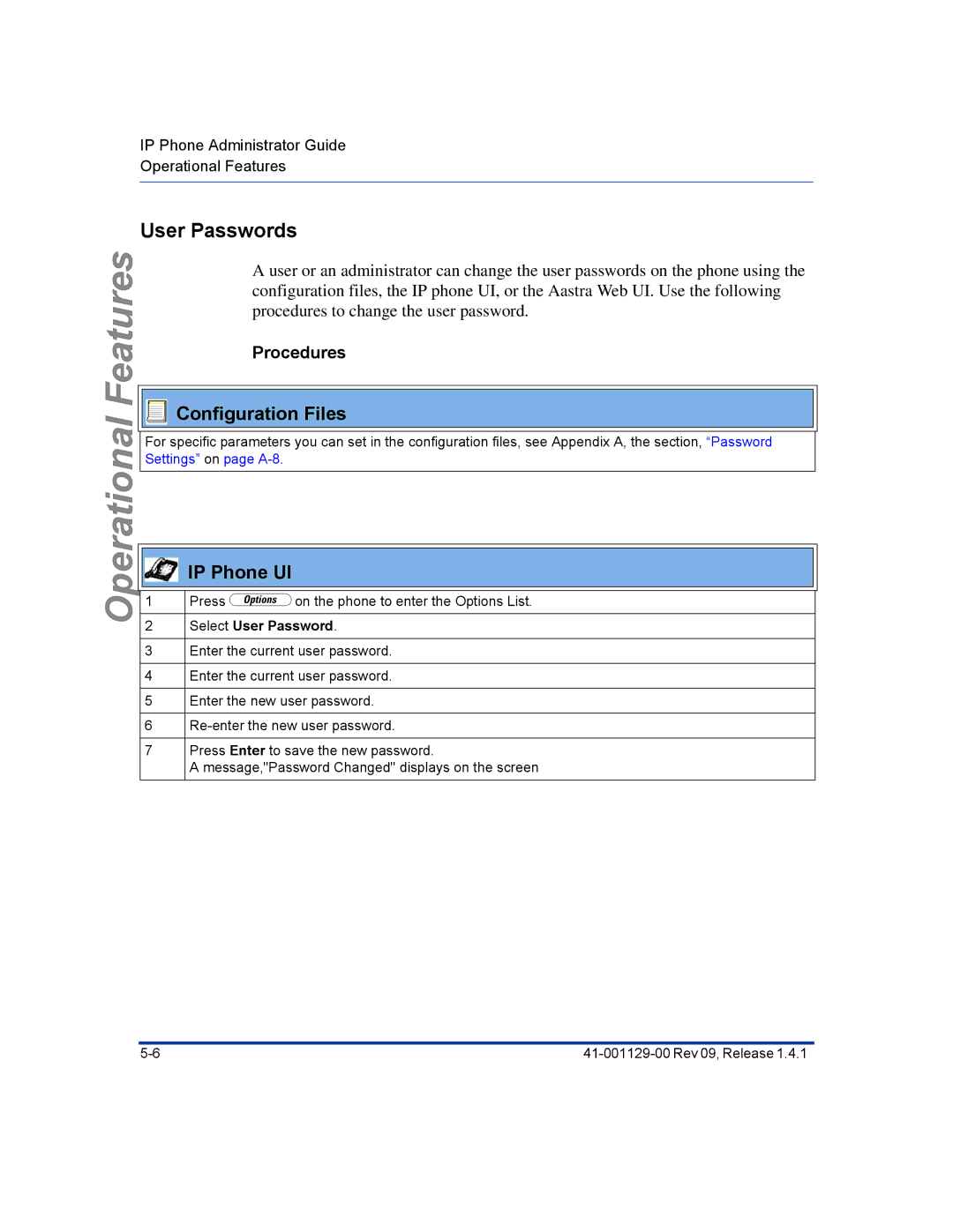 Aastra Telecom 480I CT manual User Passwords, Procedures, Select User Password 