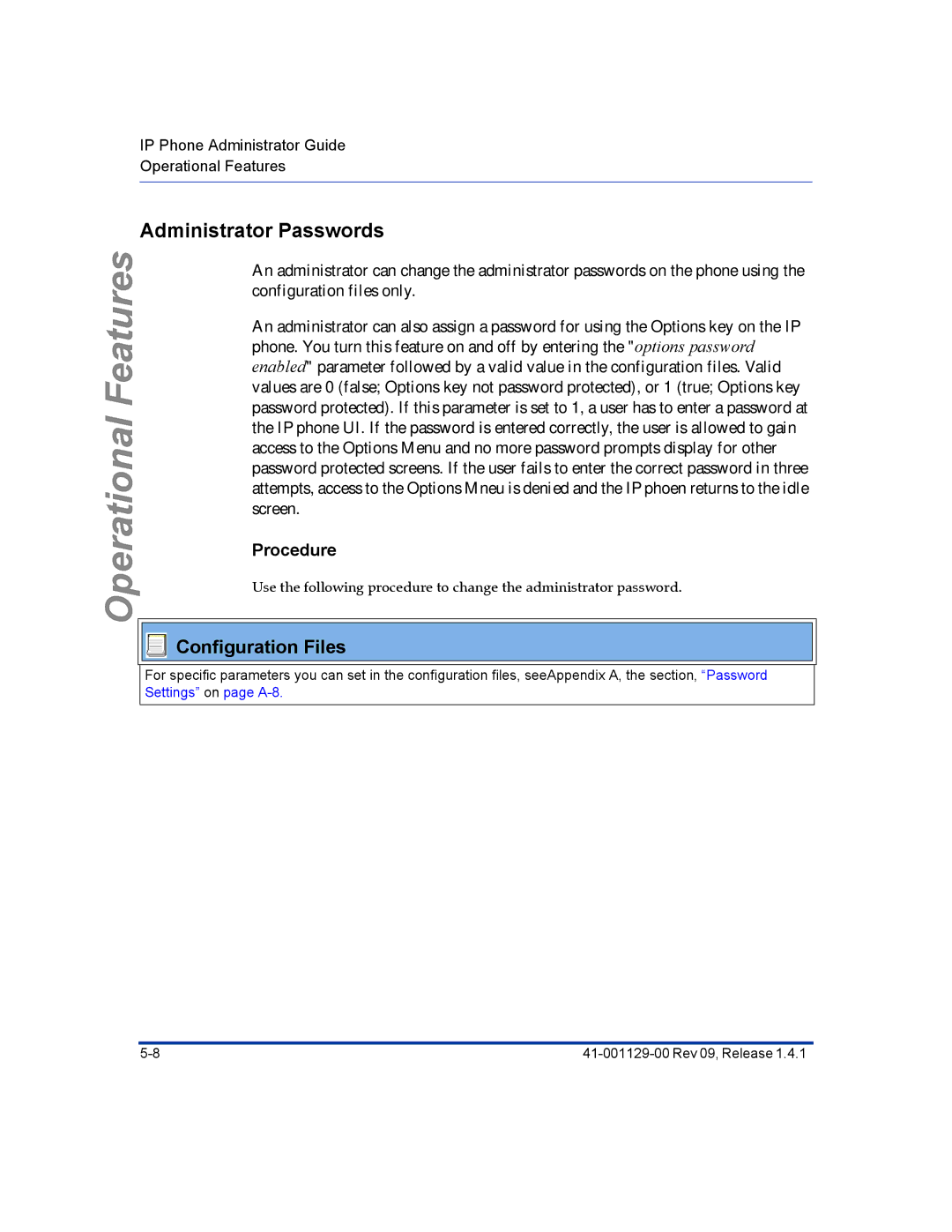 Aastra Telecom 480I CT manual Administrator Passwords, Procedure 