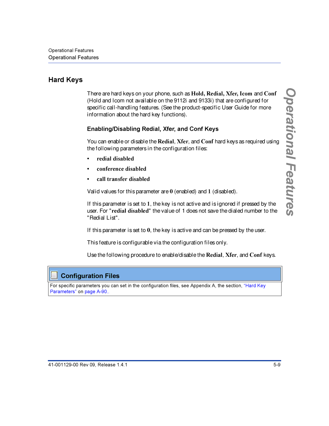 Aastra Telecom 480I CT manual Hard Keys, Enabling/Disabling Redial, Xfer, and Conf Keys 