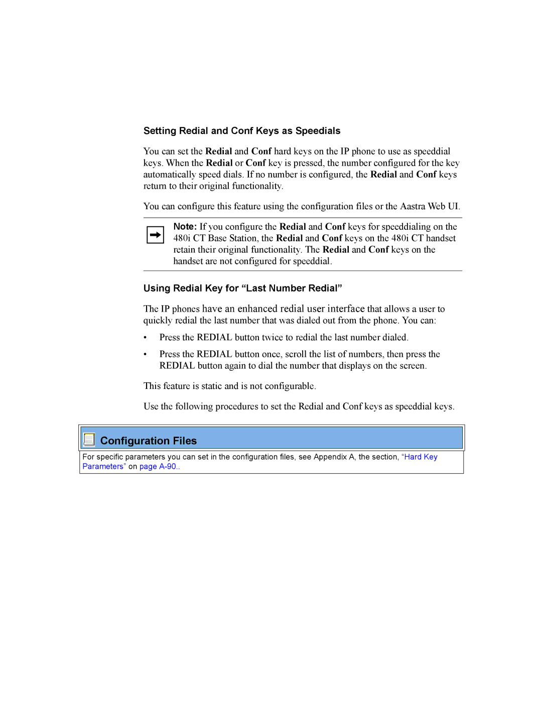 Aastra Telecom 480I CT manual Setting Redial and Conf Keys as Speedials, Using Redial Key for Last Number Redial 