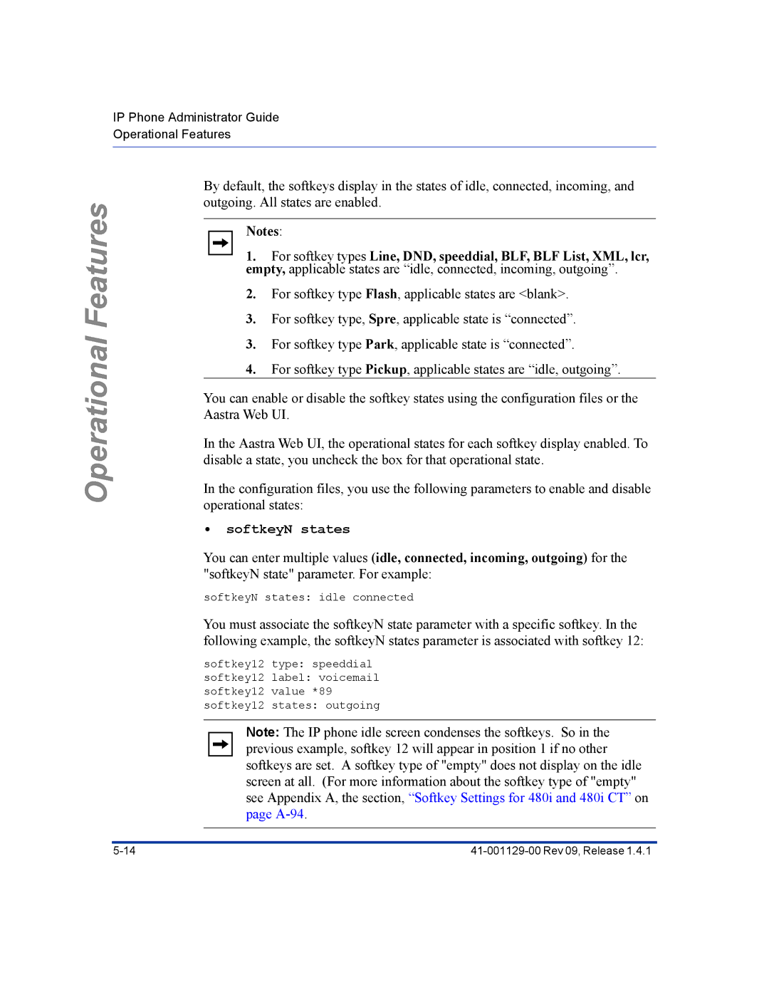 Aastra Telecom 480I CT manual SoftkeyN states 