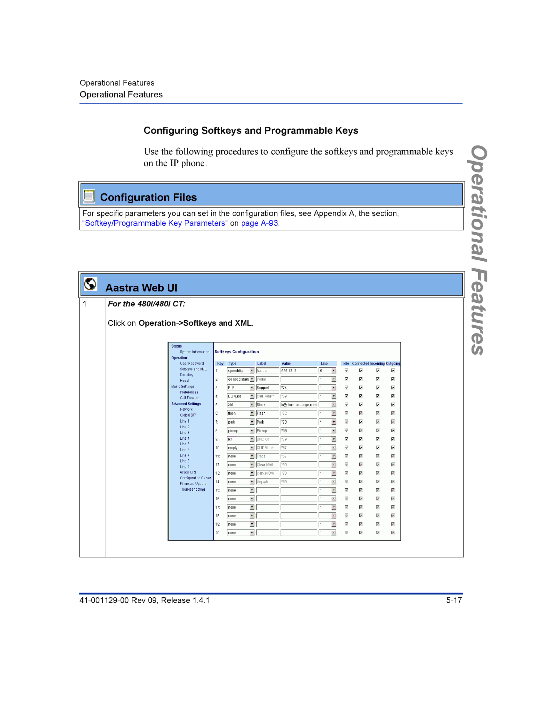 Aastra Telecom 480I Configuring Softkeys and Programmable Keys, For the 480i/480i CT, Click on Operation-Softkeys and XML 