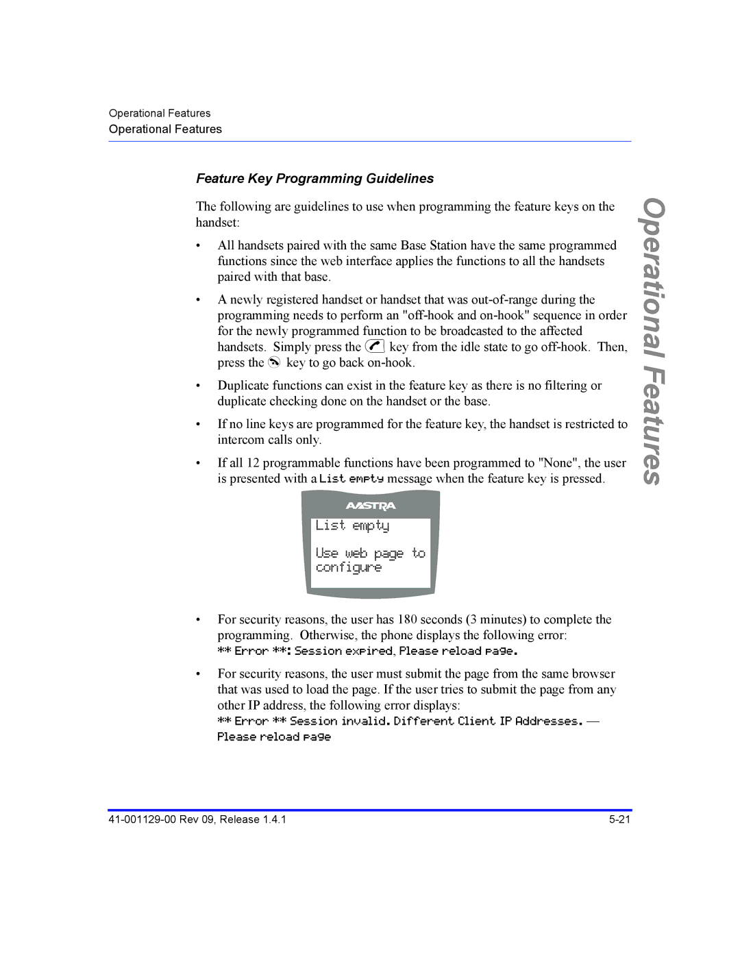 Aastra Telecom 480I CT manual Feature Key Programming Guidelines, Error ** Session expired, Please reload 