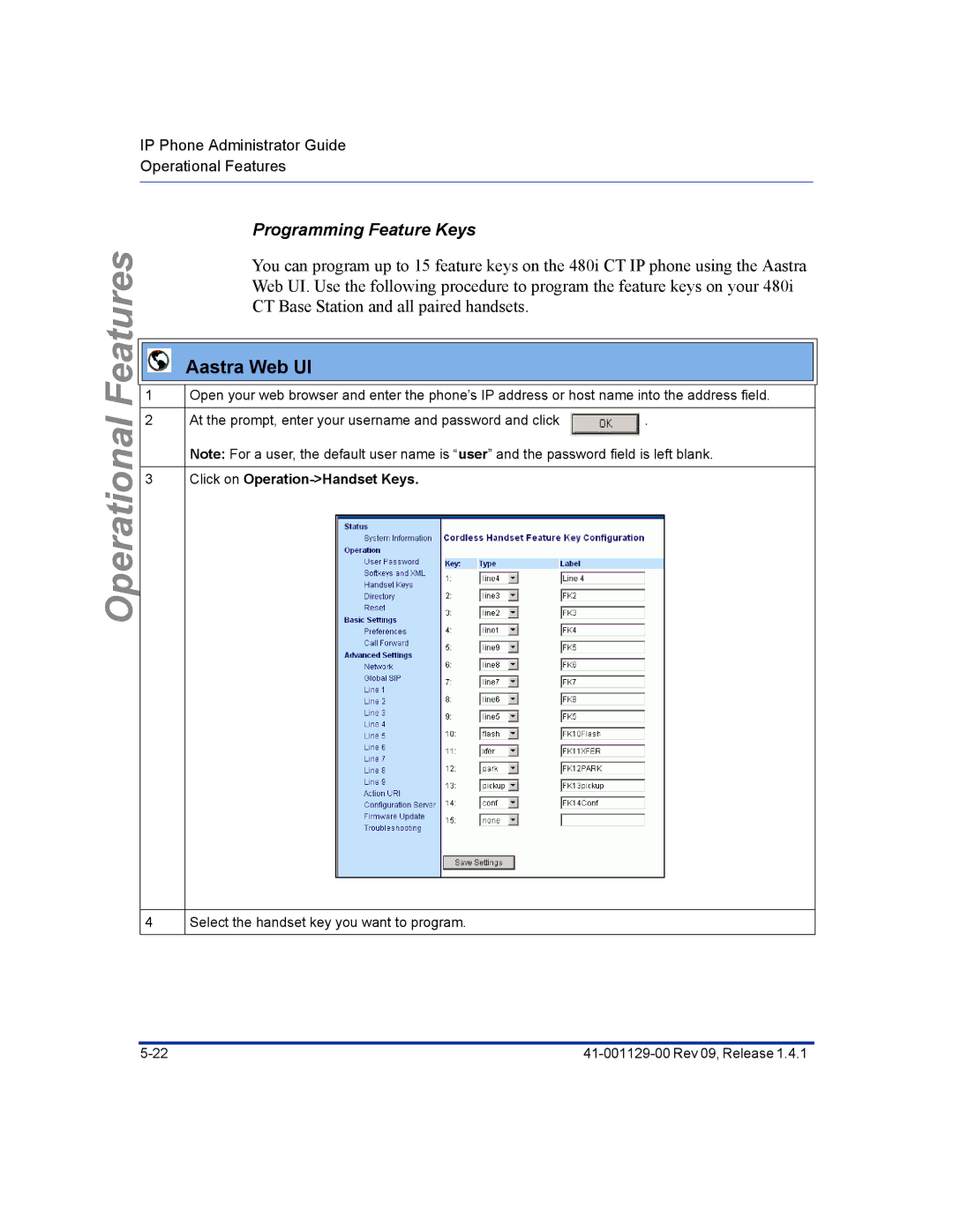 Aastra Telecom 480I CT manual Programming Feature Keys, Click on Operation-Handset Keys 