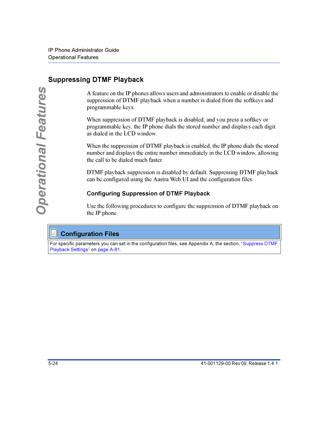 Aastra Telecom 480I CT manual Suppressing Dtmf Playback, Configuring Suppression of Dtmf Playback 