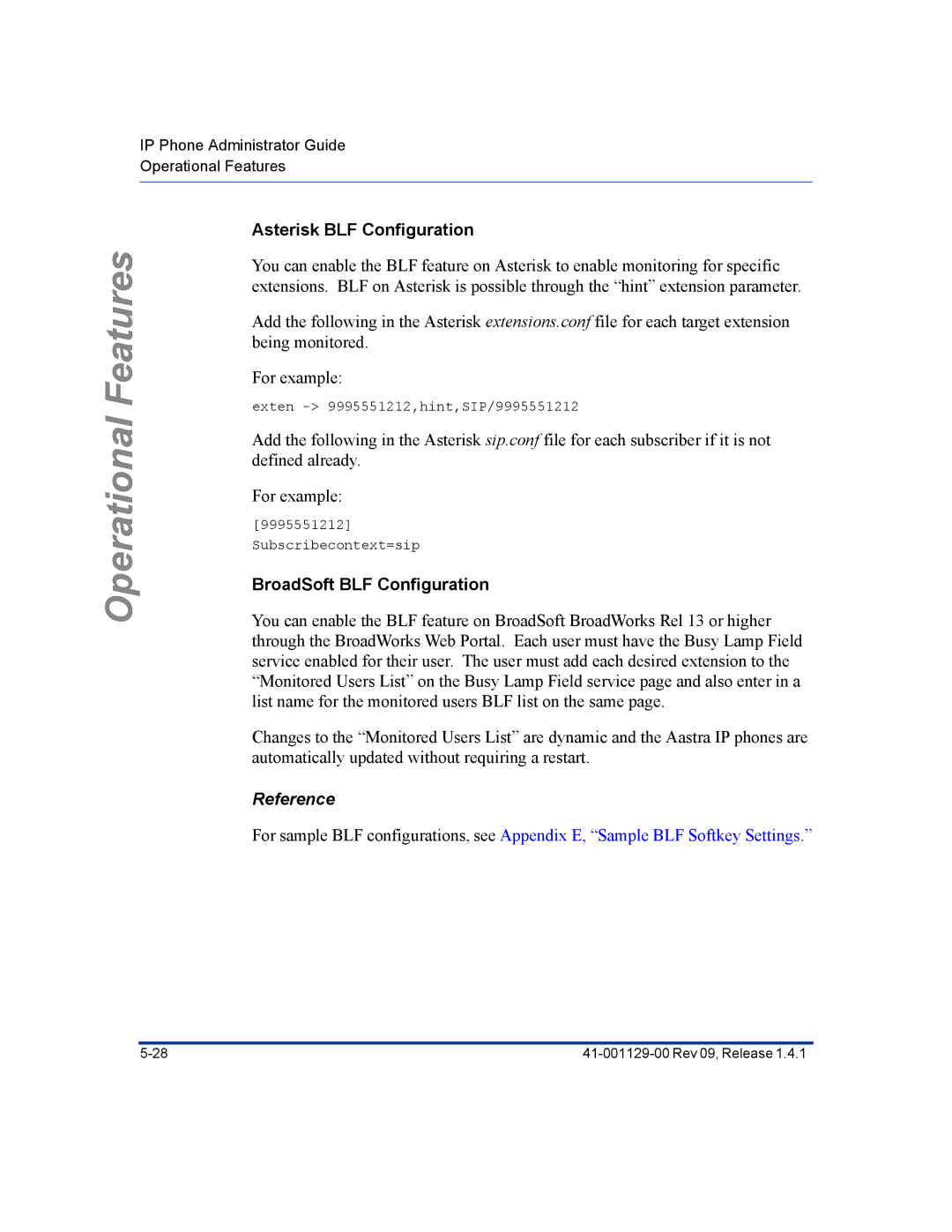 Aastra Telecom 480I CT manual Asterisk BLF Configuration, BroadSoft BLF Configuration, Reference 