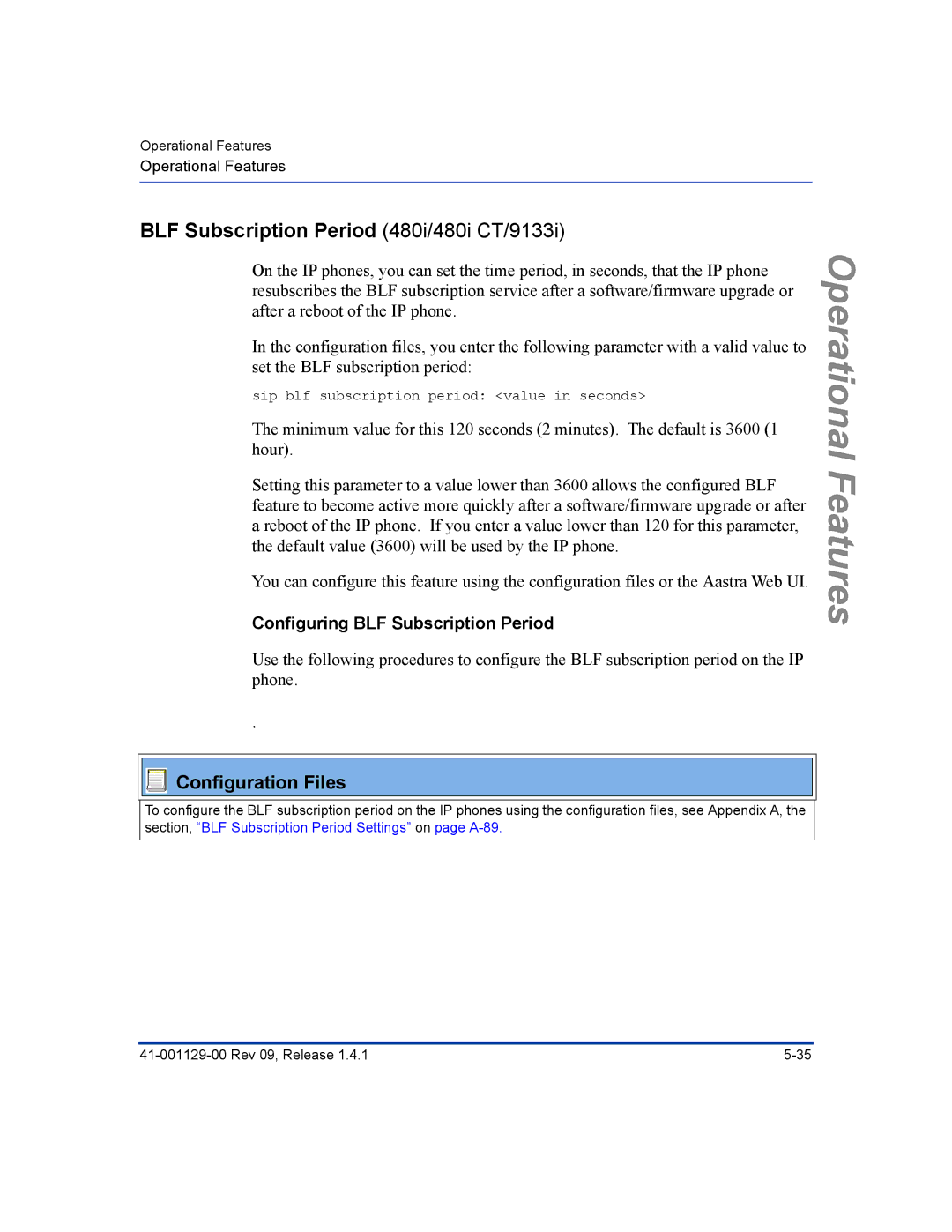 Aastra Telecom 480I CT manual BLF Subscription Period 480i/480i CT/9133i, Configuring BLF Subscription Period 