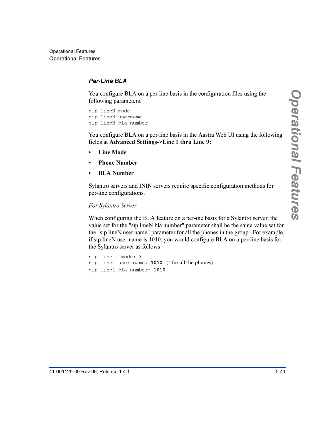 Aastra Telecom 480I CT manual Per-Line BLA, For Sylantro Server 