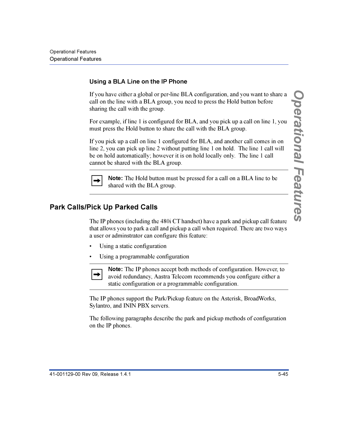 Aastra Telecom 480I CT manual Park Calls/Pick Up Parked Calls, Using a BLA Line on the IP Phone 