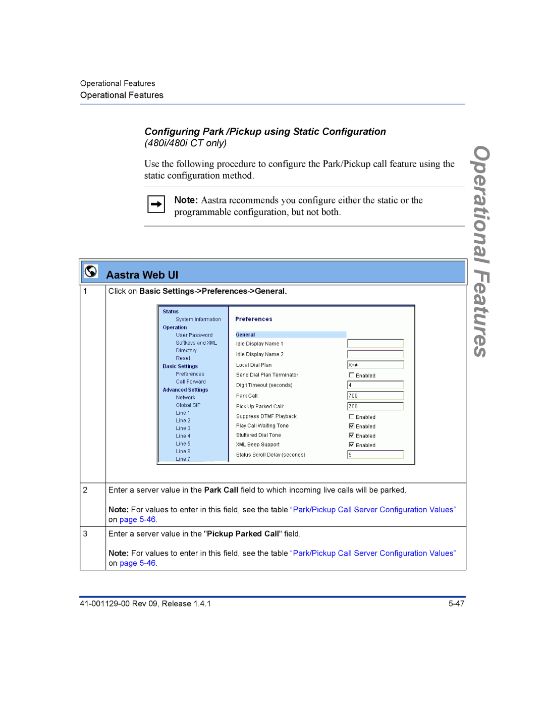 Aastra Telecom 480I CT manual Configuring Park /Pickup using Static Configuration, 480i/480i CT only 