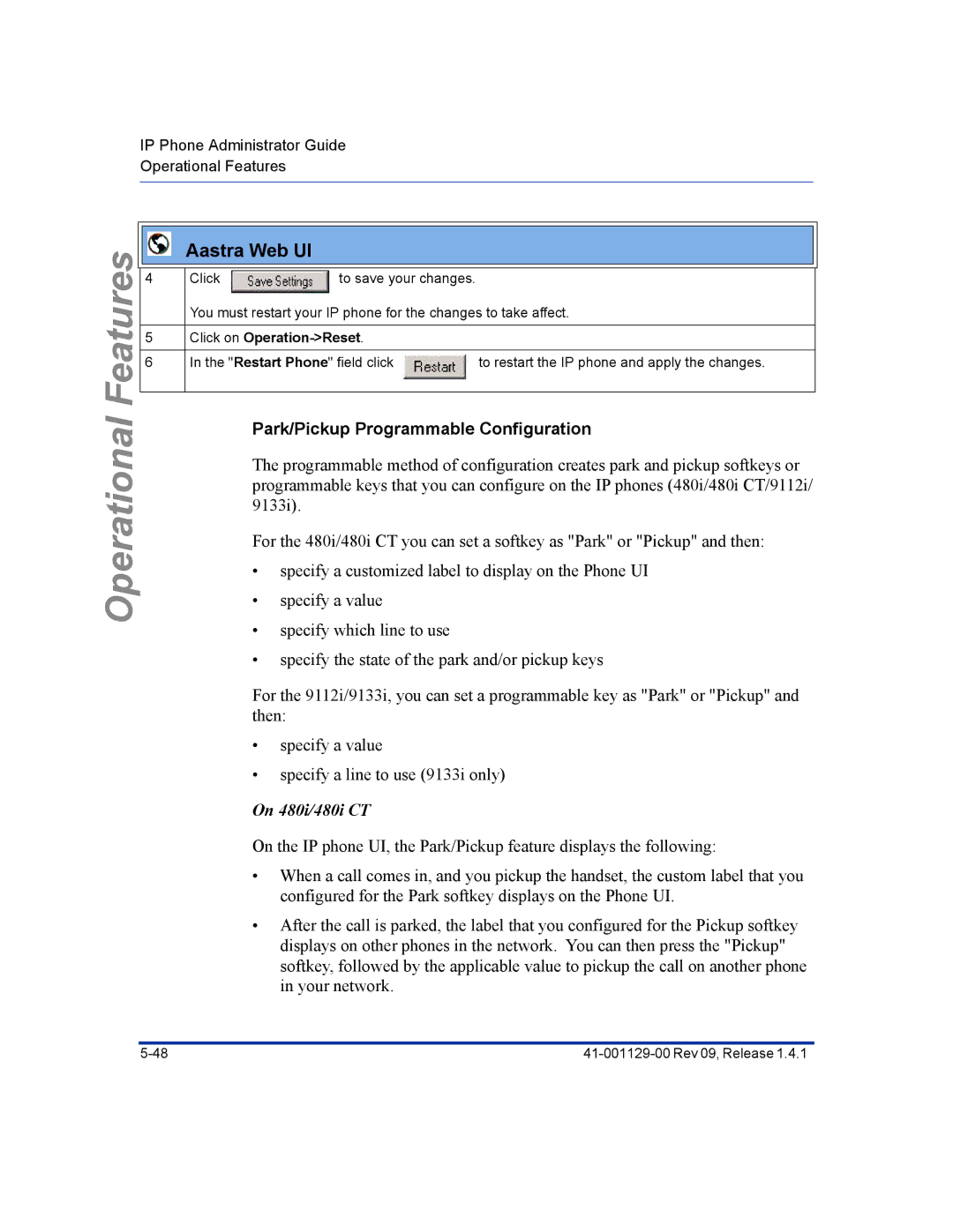 Aastra Telecom 480I CT manual Park/Pickup Programmable Configuration, On 480i/480i CT 