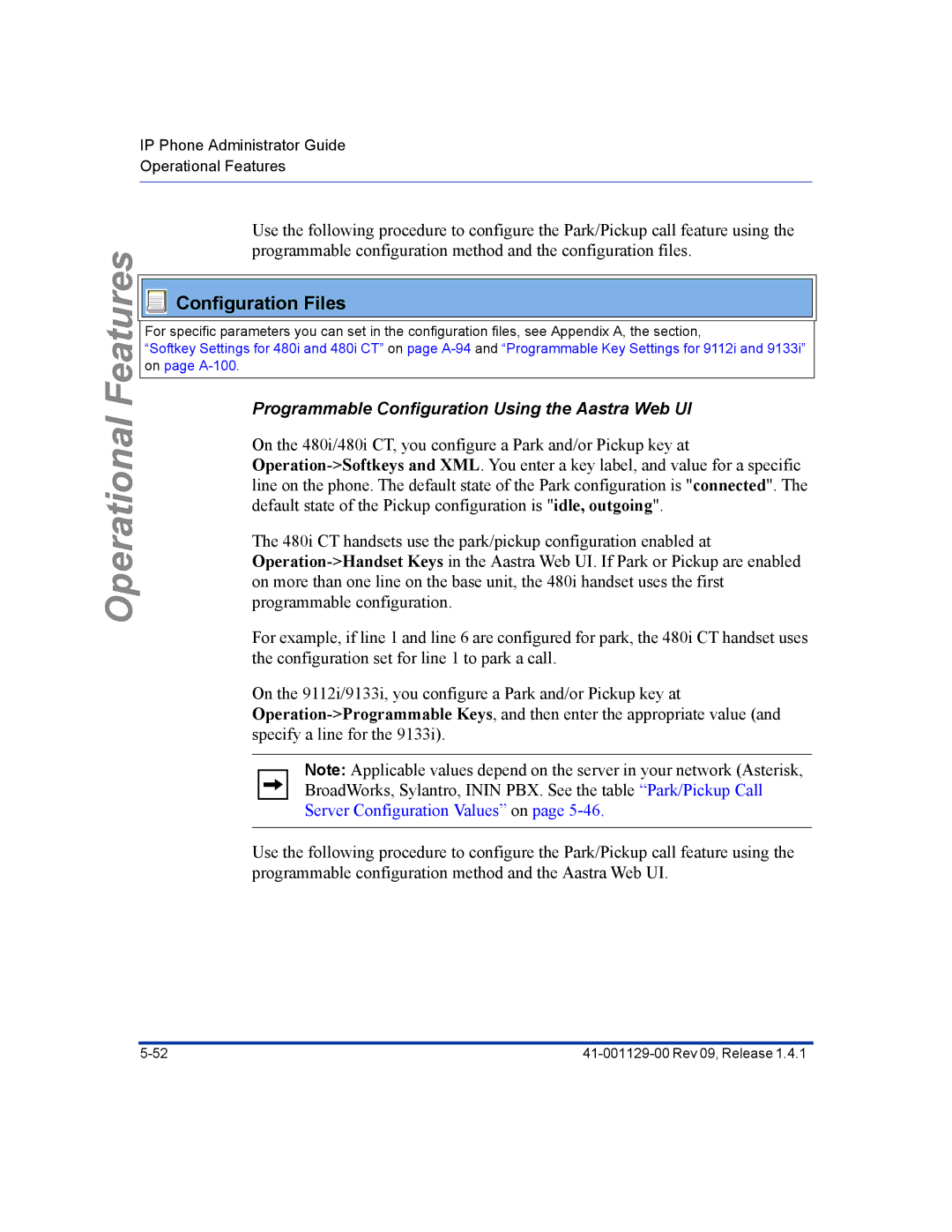 Aastra Telecom 480I CT manual Programmable Configuration Using the Aastra Web UI, Server Configuration Values on 