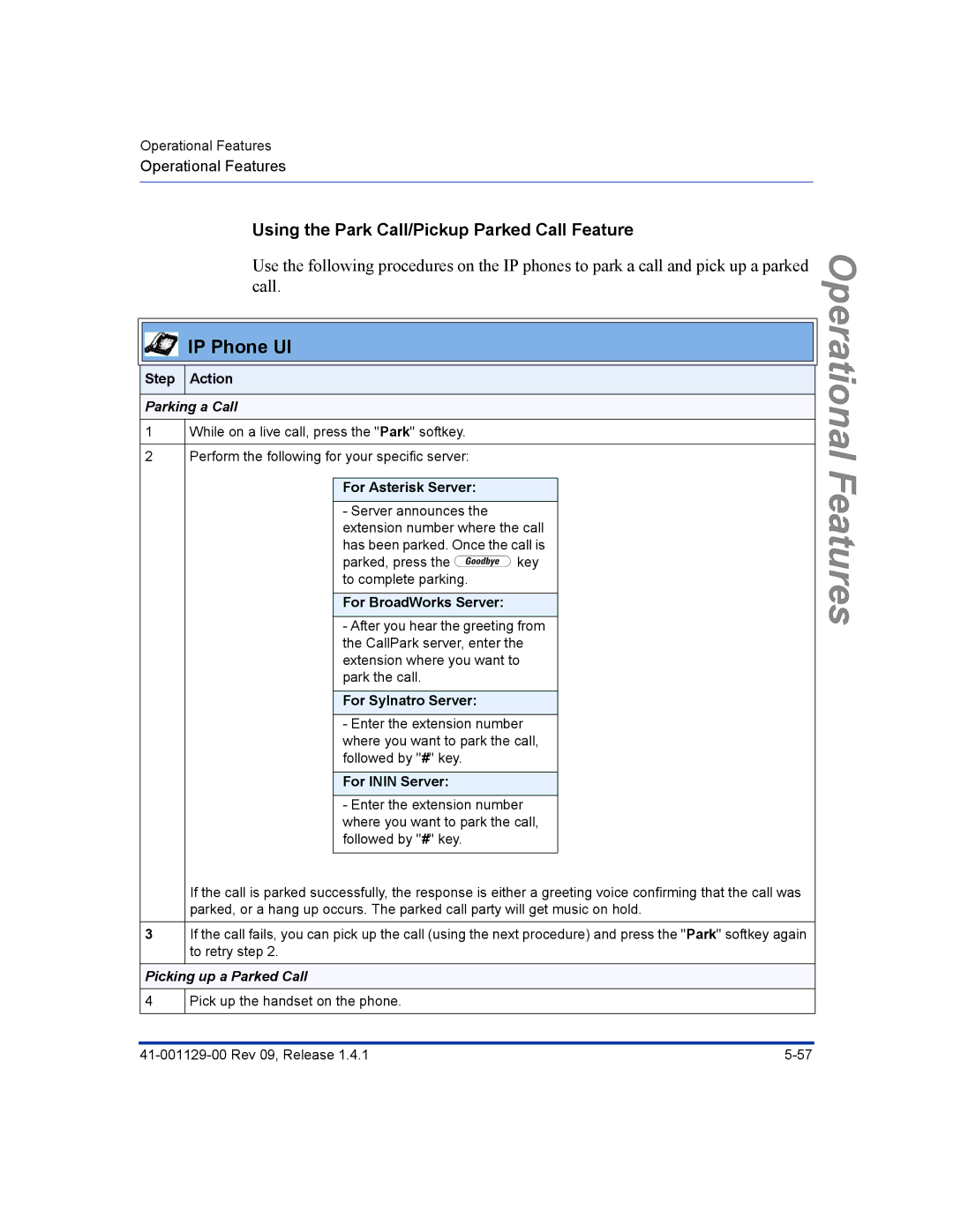 Aastra Telecom 480I CT manual Using the Park Call/Pickup Parked Call Feature, Parking a Call, Picking up a Parked Call 