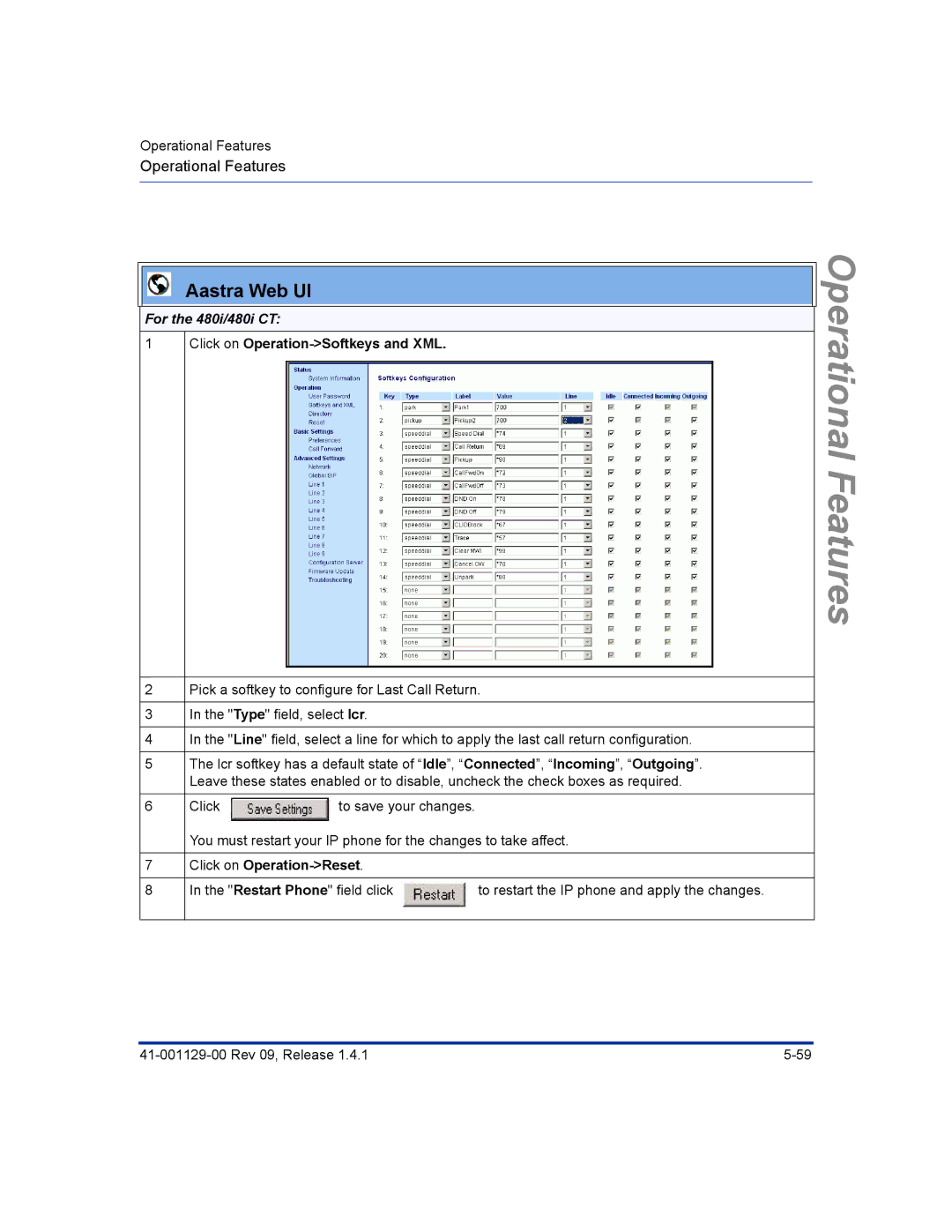 Aastra Telecom 480I CT manual Operational Features 