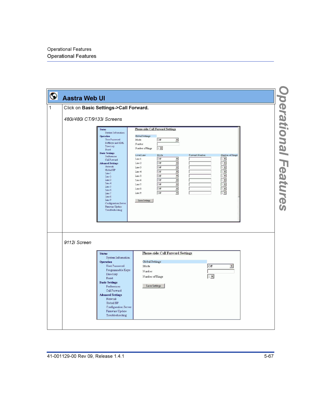 Aastra Telecom 480I CT manual Click on Basic Settings-Call Forward i/480i CT/9133i Screens 