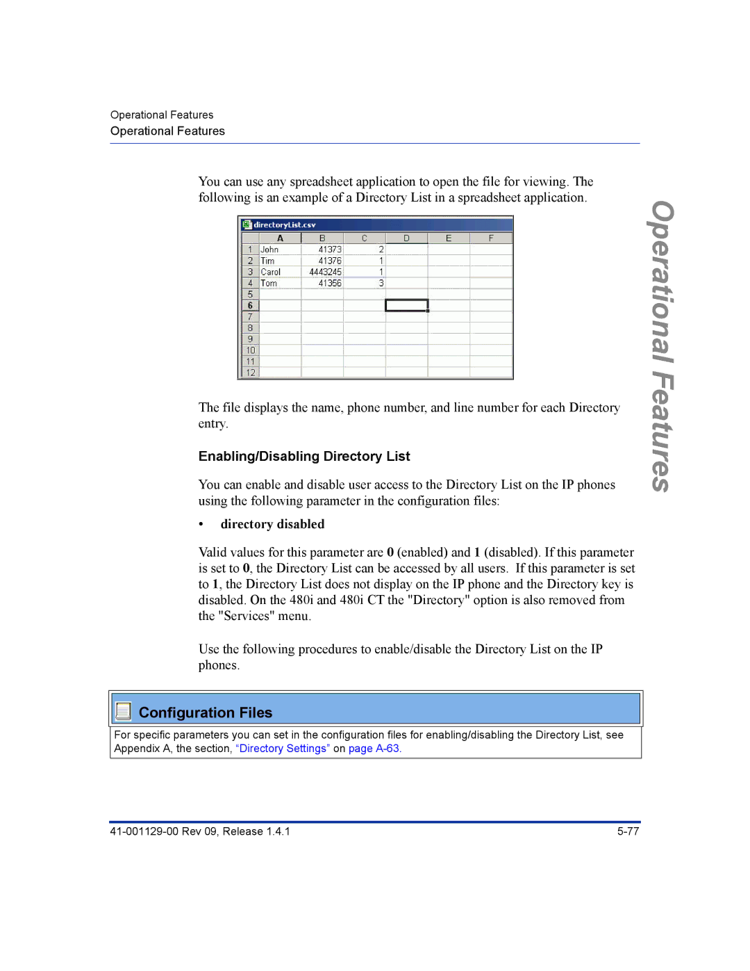 Aastra Telecom 480I CT manual Enabling/Disabling Directory List, Directory disabled 