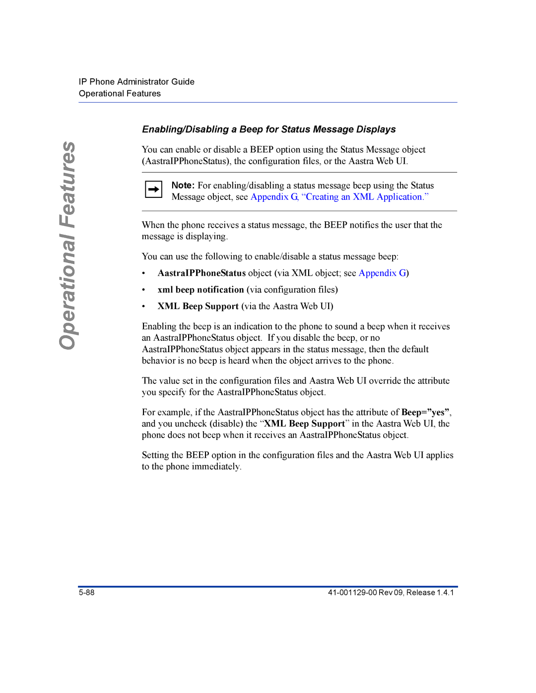 Aastra Telecom 480I CT manual Enabling/Disabling a Beep for Status Message Displays 